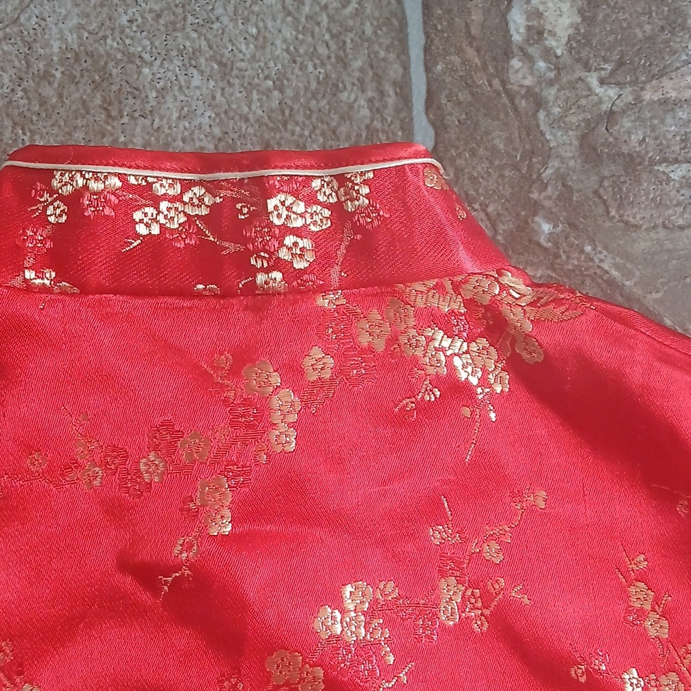 EYC TangiRed Satin Chinese Style Button-Up Top with Gold Floral Detail - Picture 6 of 6